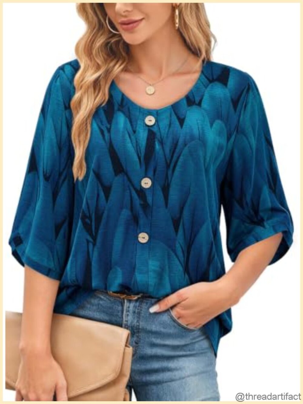 Plus Size V-Neck 3/4 Sleeve Tunic Top A-Line Flared Hem
